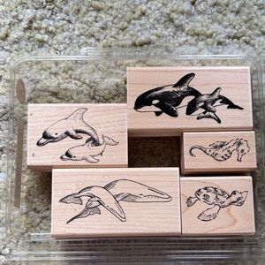 Wooden Ocean Animal Rubber Stamps - Whale, Dolphin, Turtle, Seahorse